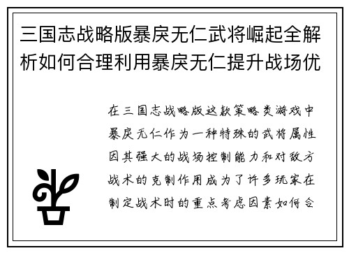 三国志战略版暴戾无仁武将崛起全解析如何合理利用暴戾无仁提升战场优势